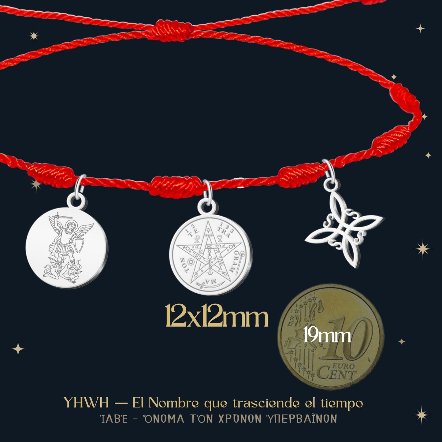 Pulsera 7 nudos con Nudo de Bruja y Tetragramatón, y San Miguel Arcángel Plateado Acero Inoxidable