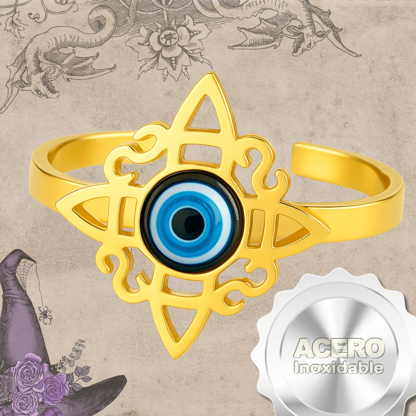 Anillo Nudo de Bruja con Ojo Turco Azul • Acero Inoxidable • Amuleto de Protección + Pulsera Roja 7 Nudos