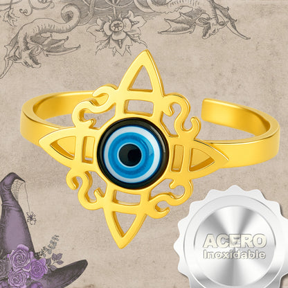 Anillo Nudo de Bruja con Ojo Turco Azul • Acero Inoxidable • Amuleto de Protección + Pulsera Roja 7 Nudos