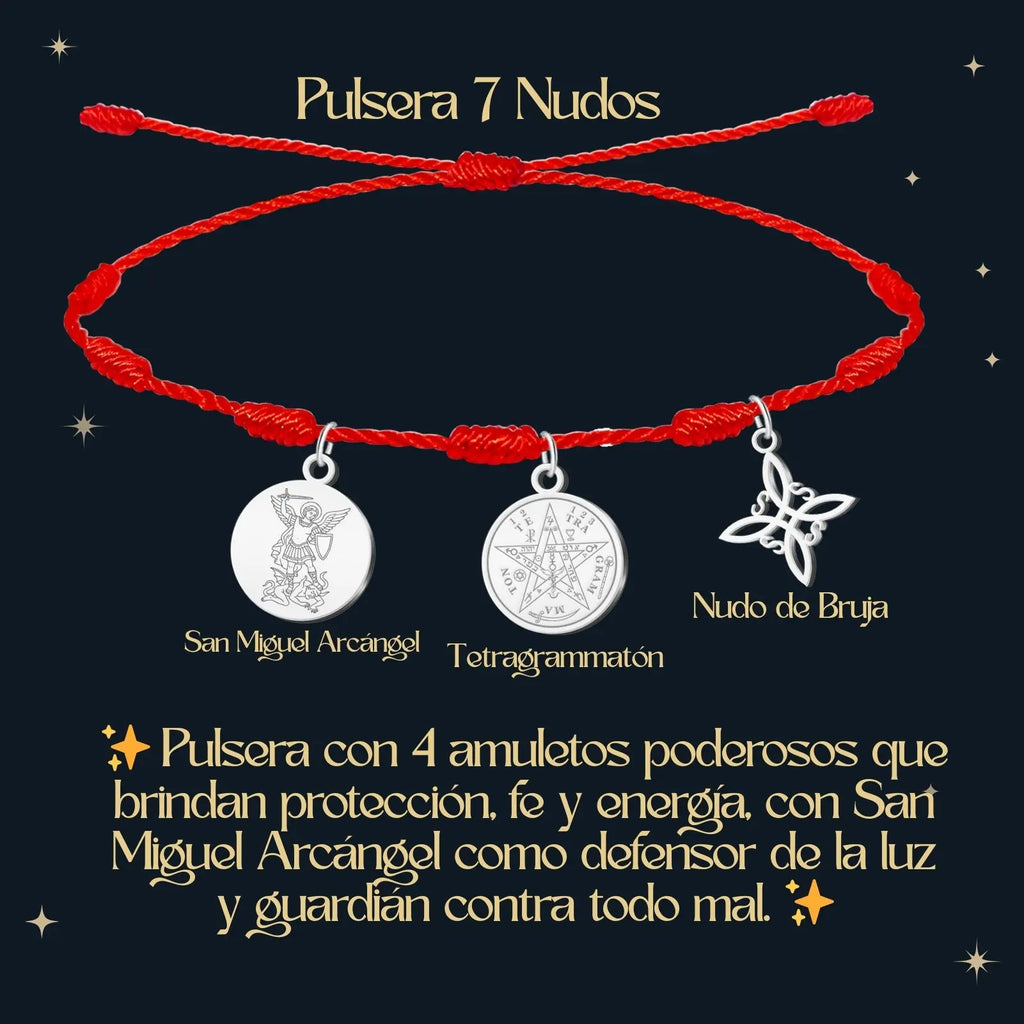 Pulsera 7 Nudos con Colgante Plateado: Tetragrammaton, Nudo de Bruja y San Miguel - cotigo