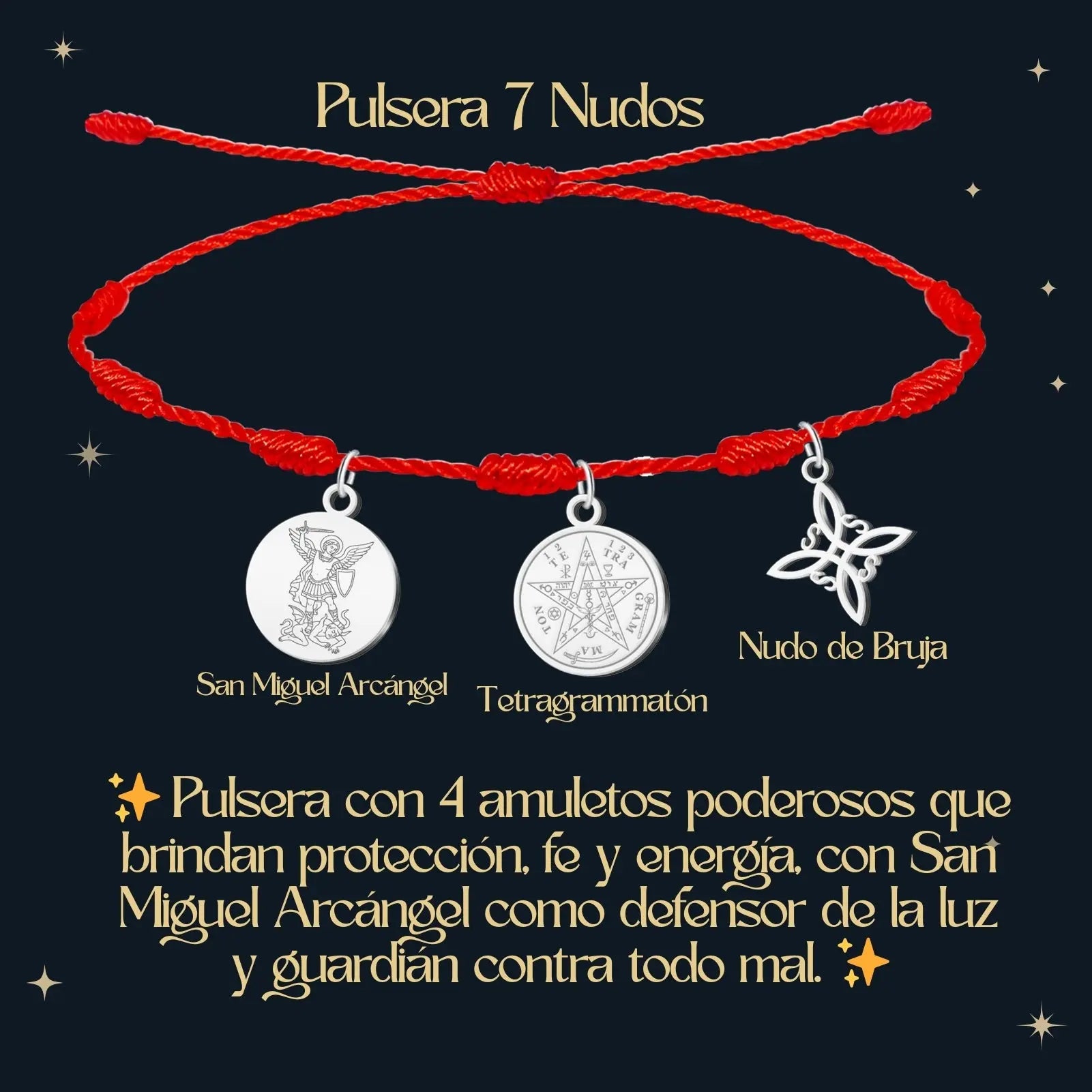 Pulsera 7 Nudos con Colgante Plateado: Tetragrammaton, Nudo de Bruja y San Miguel - cotigo