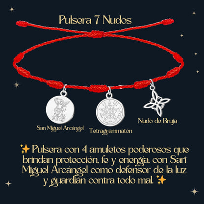 Pulsera 7 nudos con Nudo de Bruja y Tetragramatón, y San Miguel Arcángel Plateado Acero Inoxidable