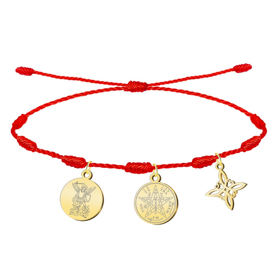 Pulsera 7 nudos con Nudo de Bruja y Tetragramatón, y San Miguel Arcángel Dorado Acero Inoxidable