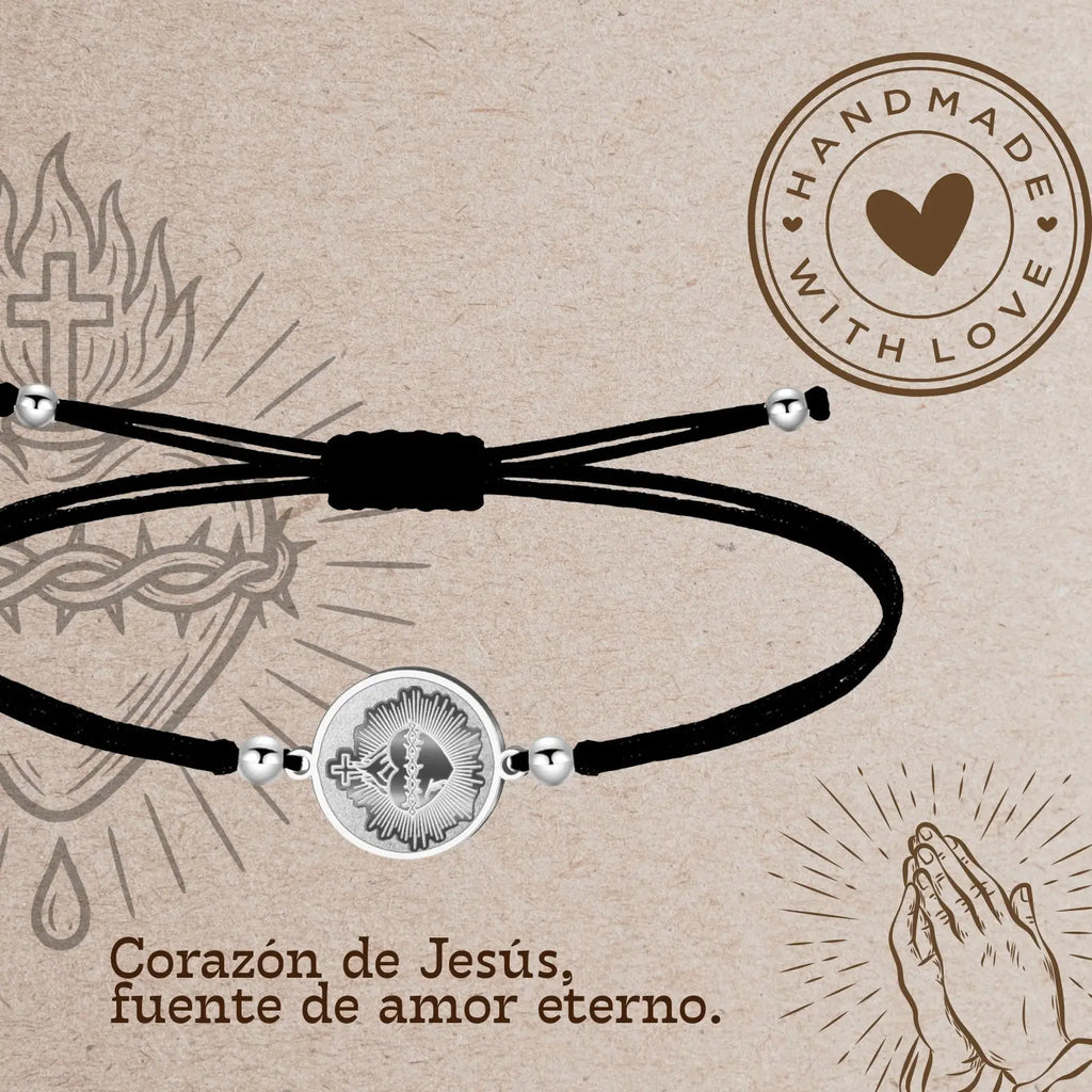 Pulsera Hilo Encerado con CORAZON DE JESUS color Plateado - cotigo