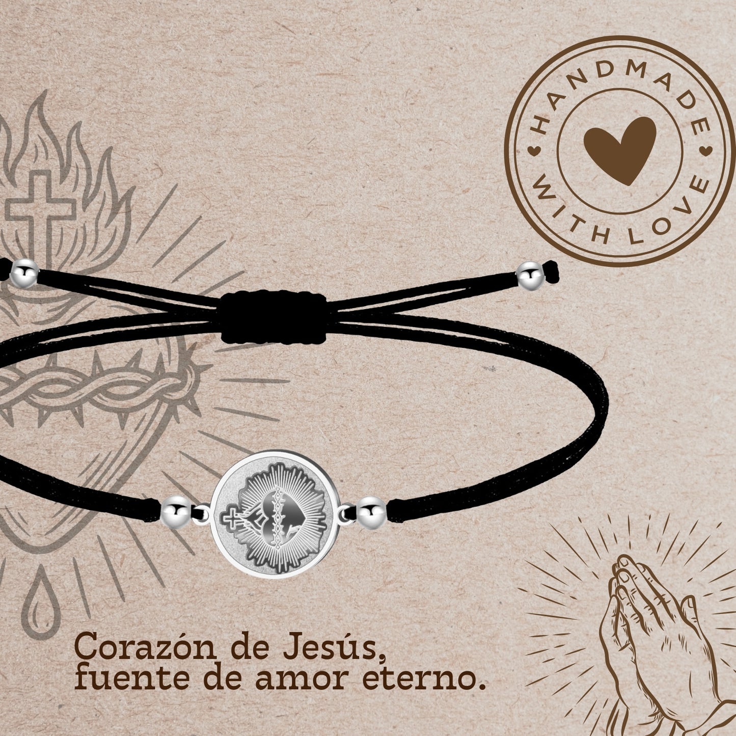Pulsera Hilo Encerado con CORAZON DE JESUS color Plateado