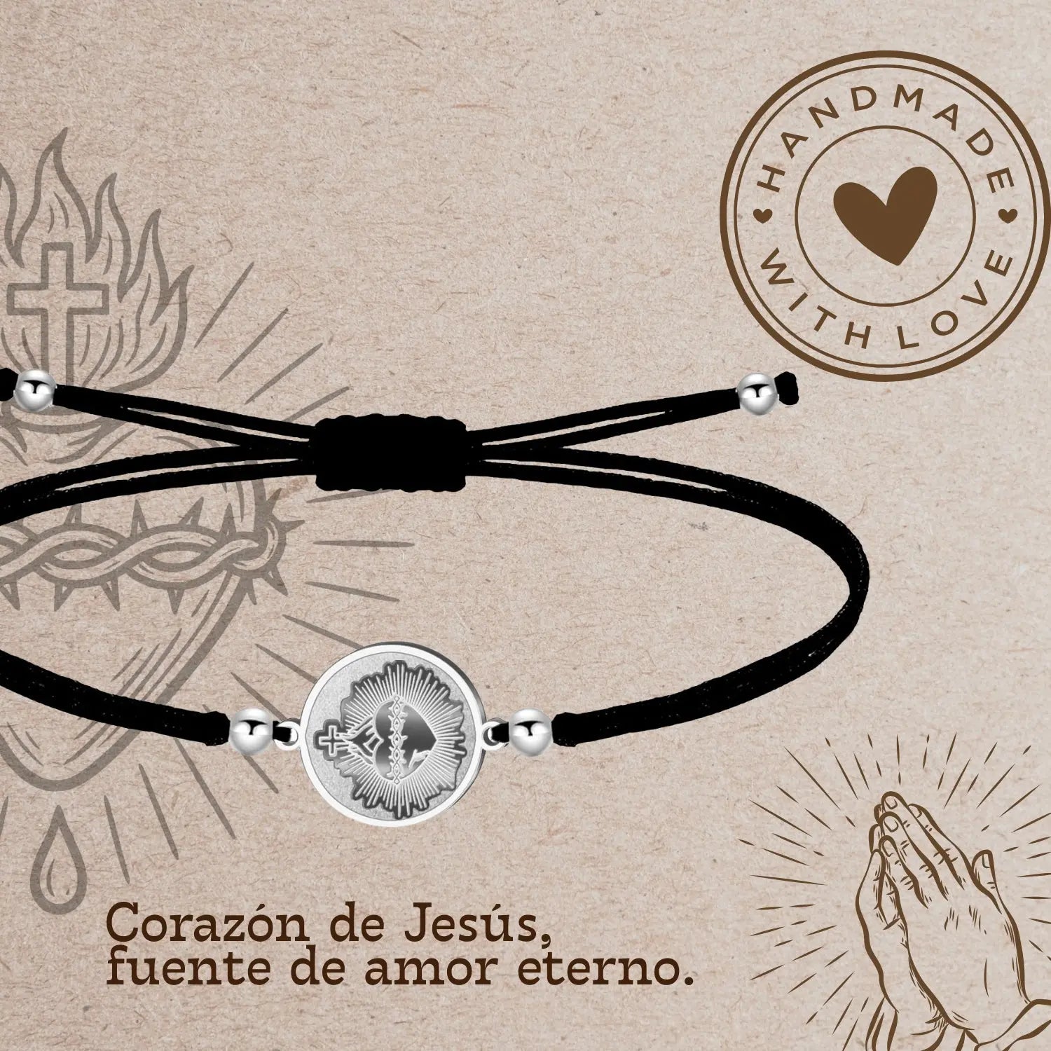 Pulsera Hilo Encerado con CORAZON DE JESUS color Plateado - cotigo