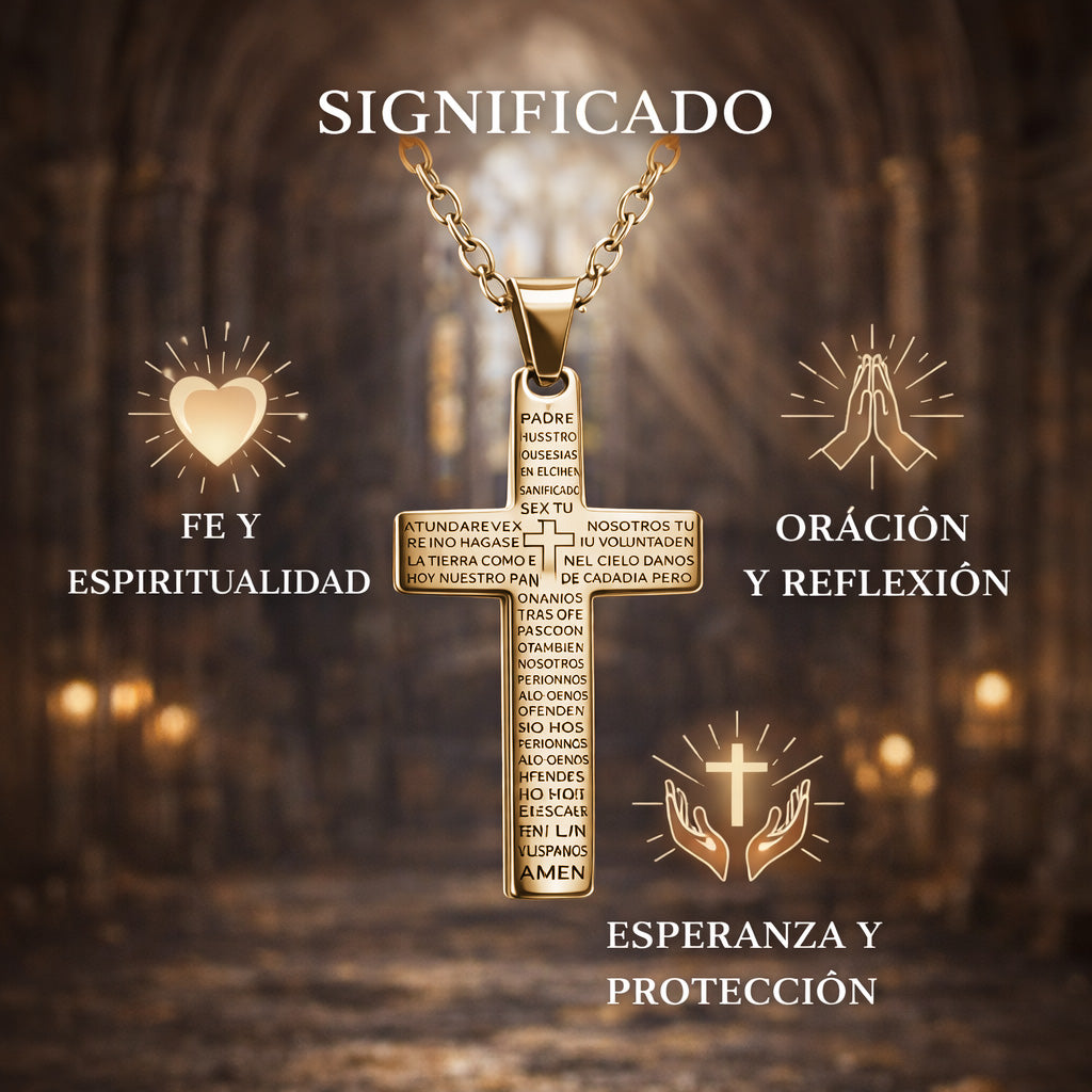 Collar con Cruz y Oración del Padre Nuestro en Acero Dorado cotigo