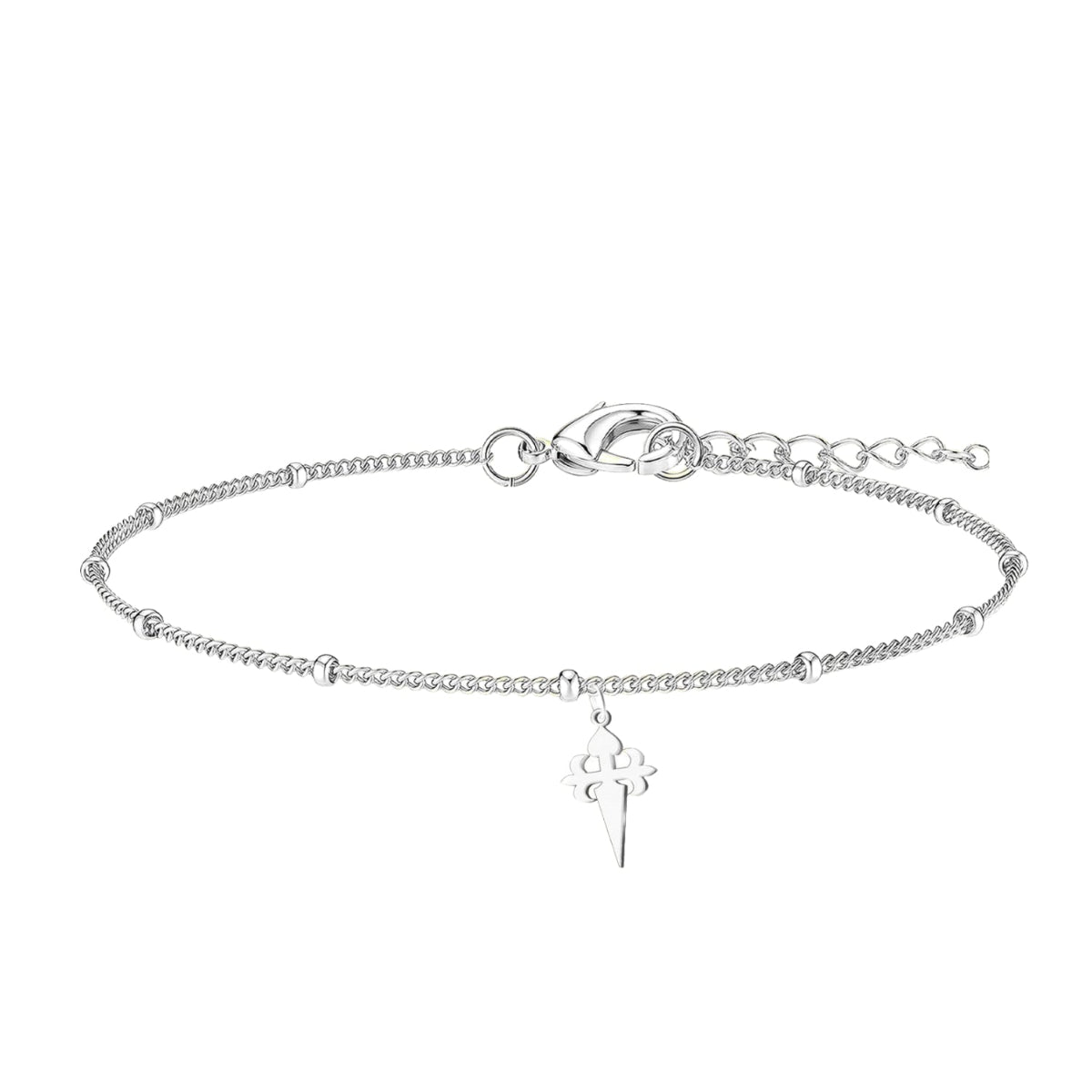 Pulsera de cadena fina decorada con pequeñas esferas, que incluye un dije colgante de la Cruz de Santiago en acero inoxidable de color plateado y cierre de mosquetón con cadena extensora.