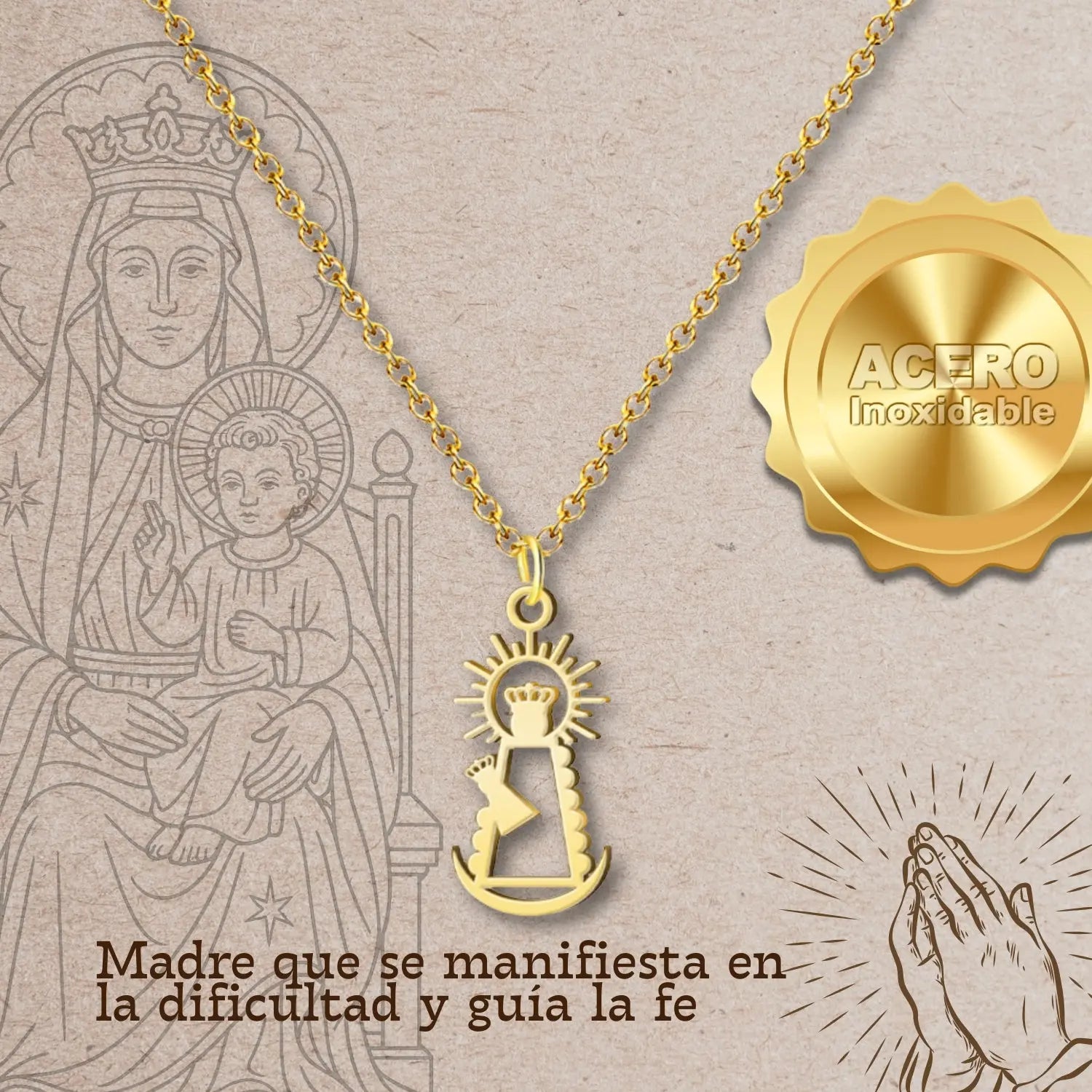 Collar Virgen de la Bien Aparecida Acero Dorado detalle