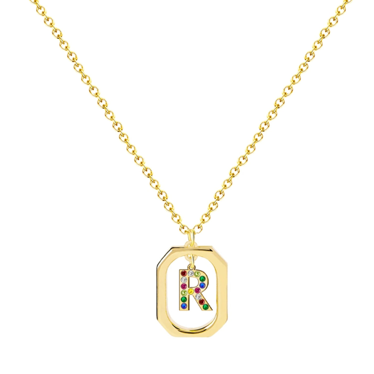 Collar con inicial R y marco geométrico, cristales multicolor y baño de oro 14K. Tarjeta con mensaje "Con R comienza el Resplandor". Stainless Steel.