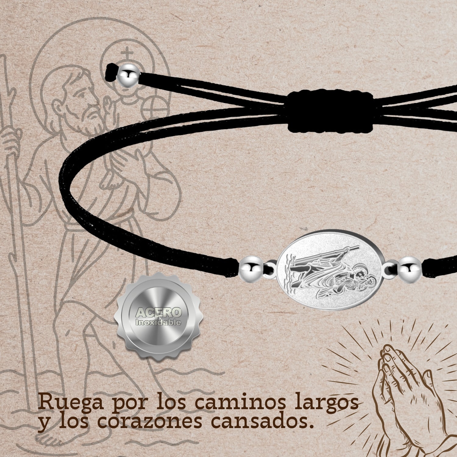 Pulsera Hilo Encerado con San Cristóbal en Acero Inoxidable cotigo
