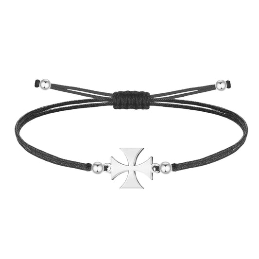Pulsera de hilo encerado negro con cruz de San Jorge en acero plateado y cierre ajustable.