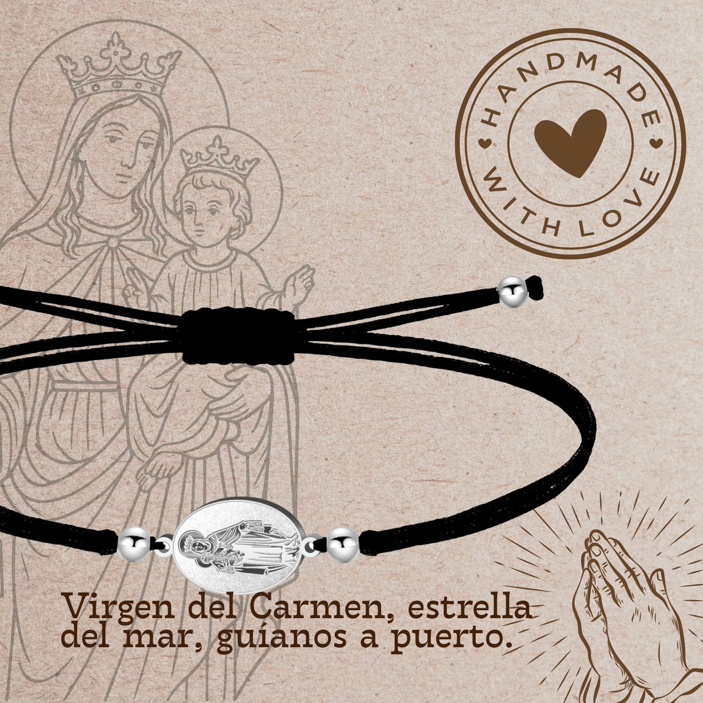Pulsera Hilo Encerado con Virgen del Carmen color Plateado