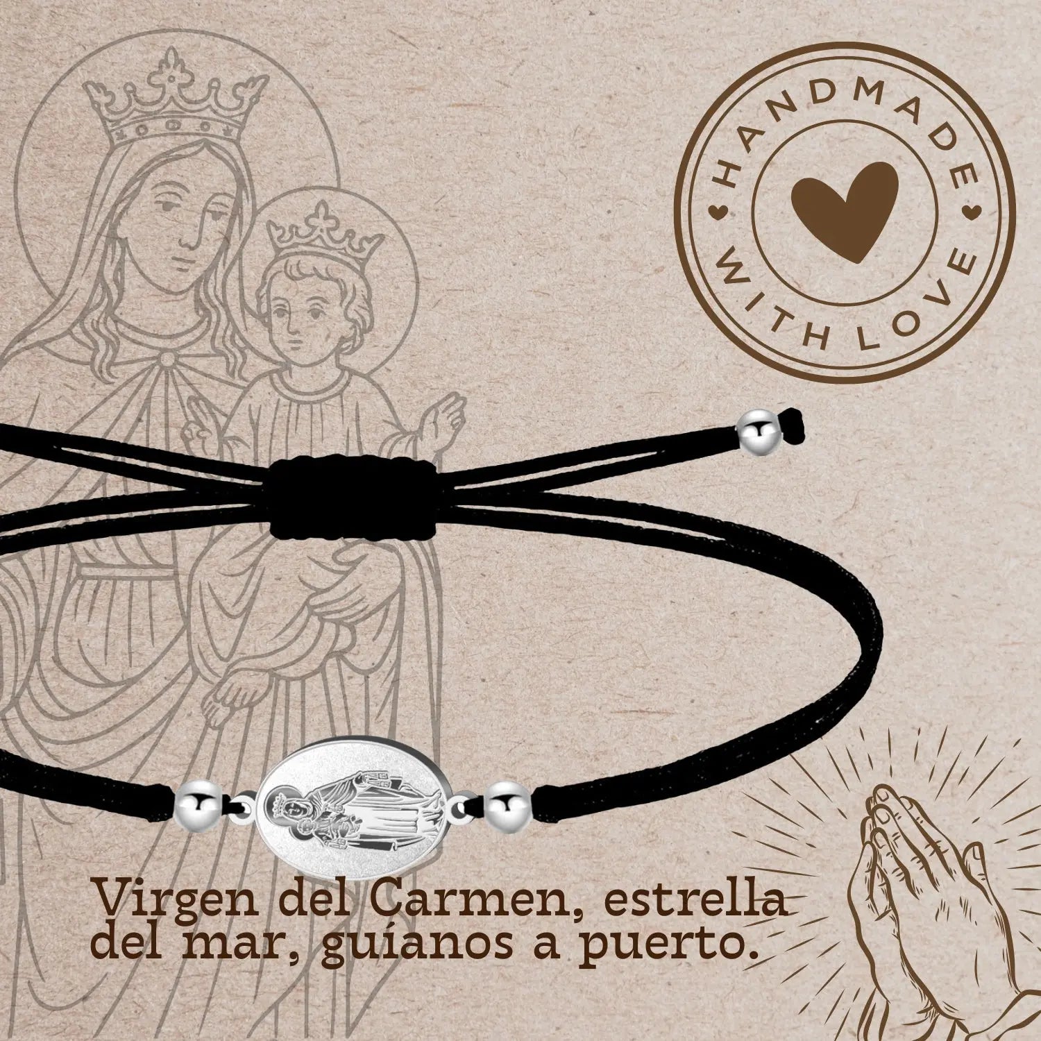 Pulsera Hilo Encerado con Virgen del Carmen Acero Plateado - cotigo