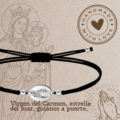 Pulsera Hilo Encerado con Virgen del Carmen color Plateado
