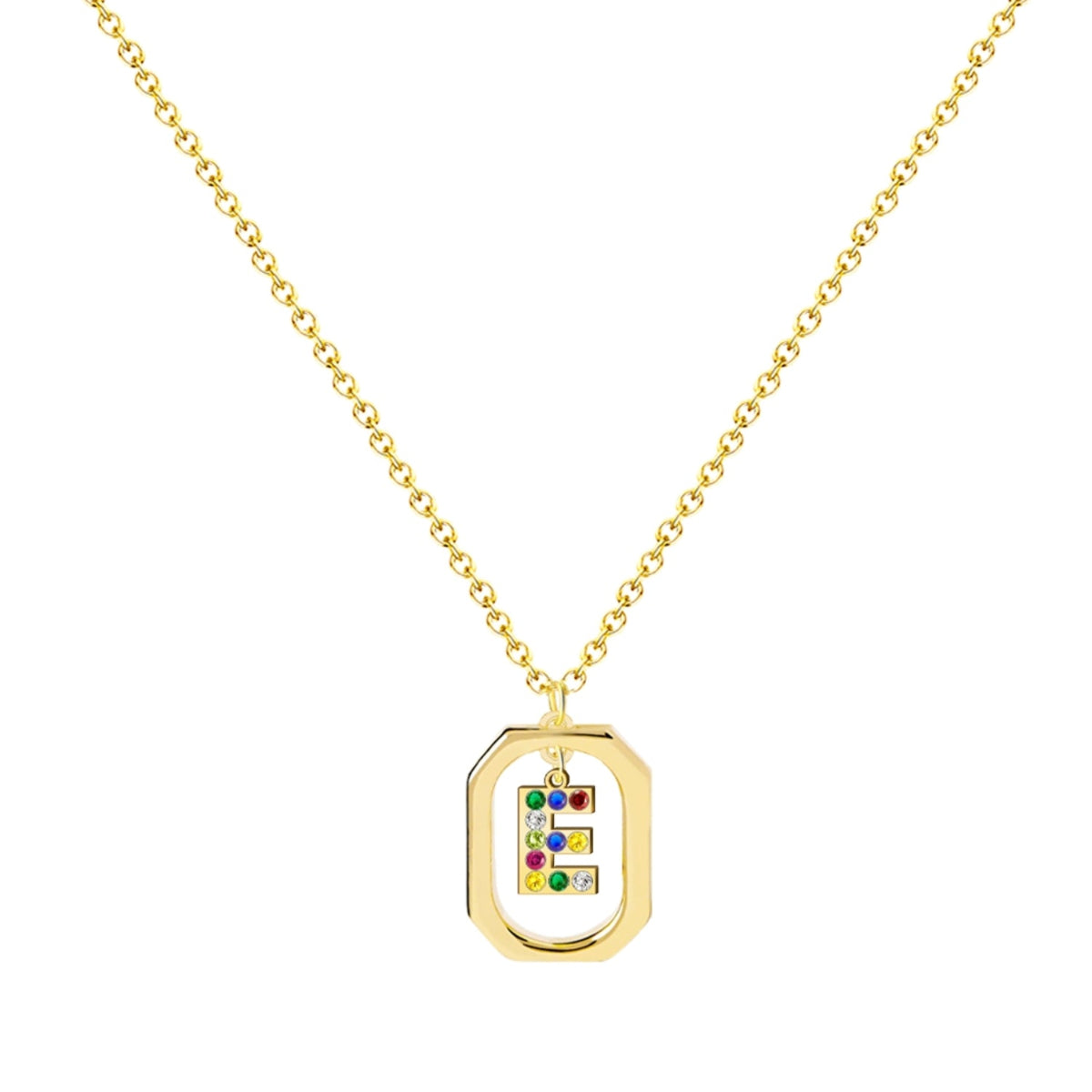 Collar con inicial E y marco geométrico, cristales multicolor y baño de oro 14K. Tarjeta con mensaje "Con E comienza la Esperanza". Stainless Steel.