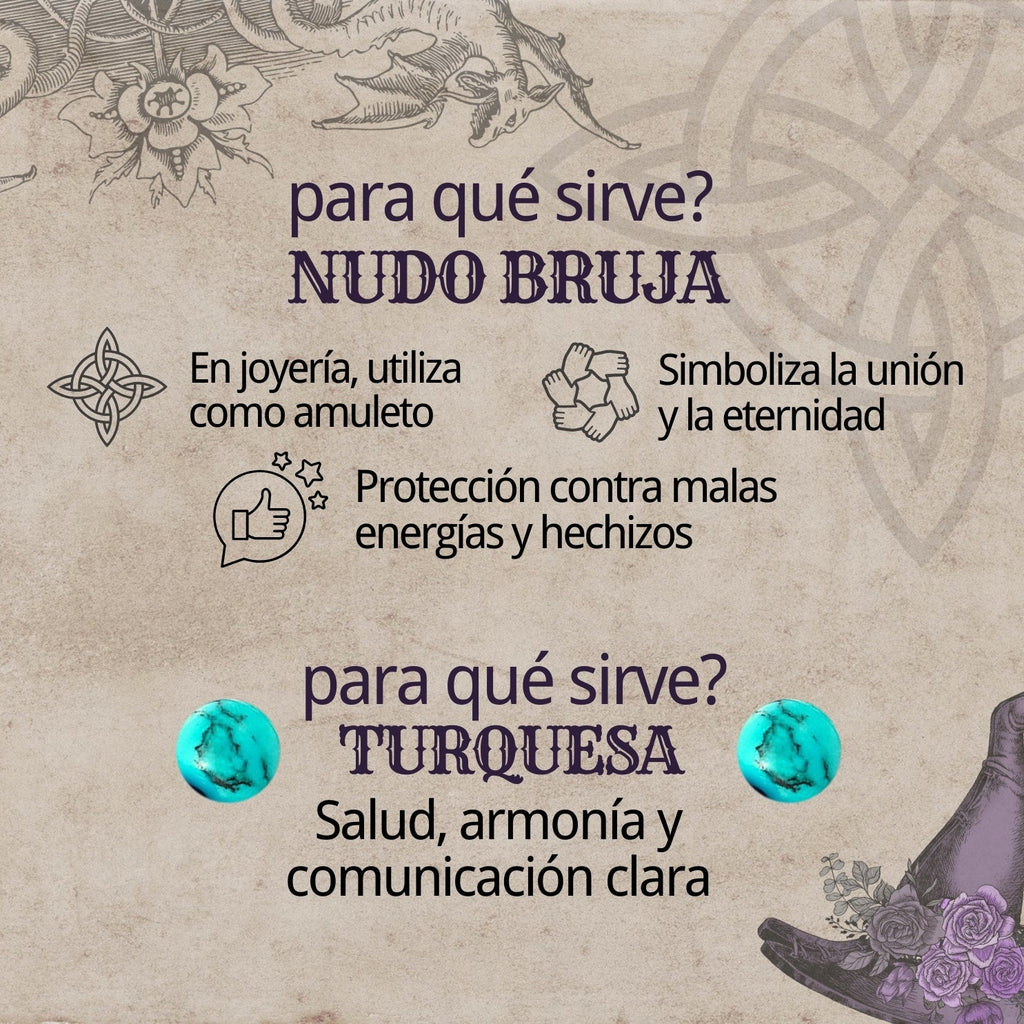 Colgante Nudo de Bruja con Turquesa en Acero Dorado cotigo