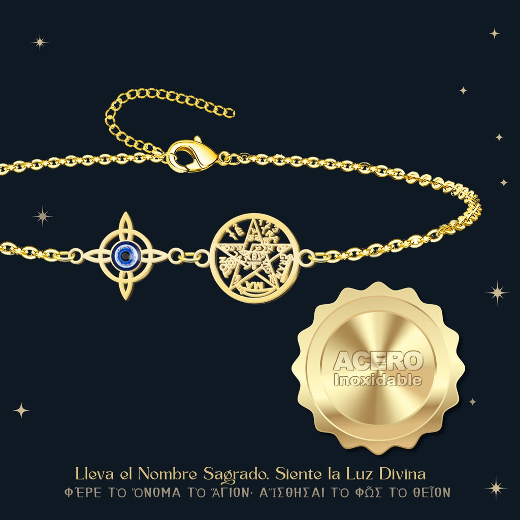 Pulsera Tetragrammatón y Nudo de Bruja con Ojo Turco en Acero Dorado - cotigo
