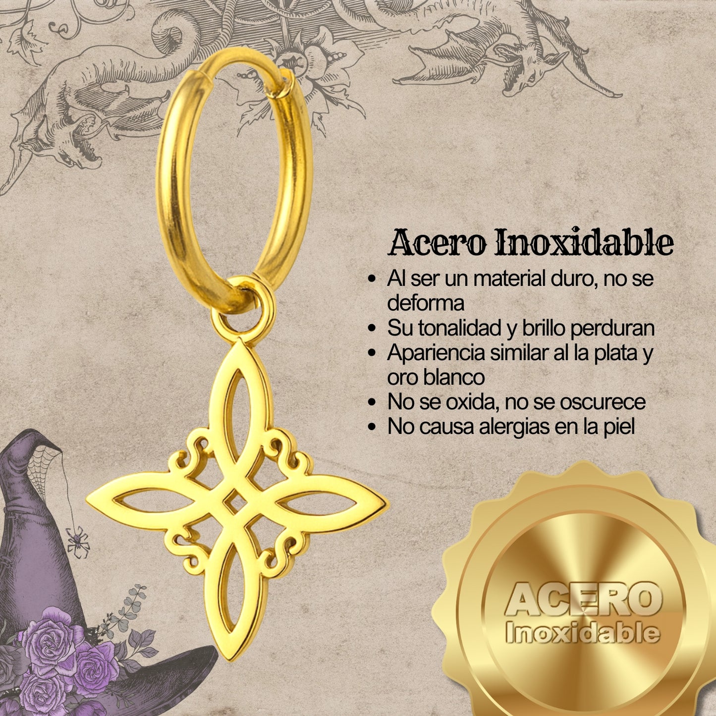 Pendientes Nudo de Bruja – Acero Inoxidable Dorado, Amuleto de Protección
