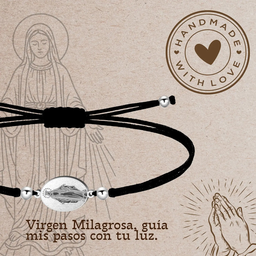Pulsera Hilo Negro con Medalla Milagrosa en Acero Plateado - cotigo