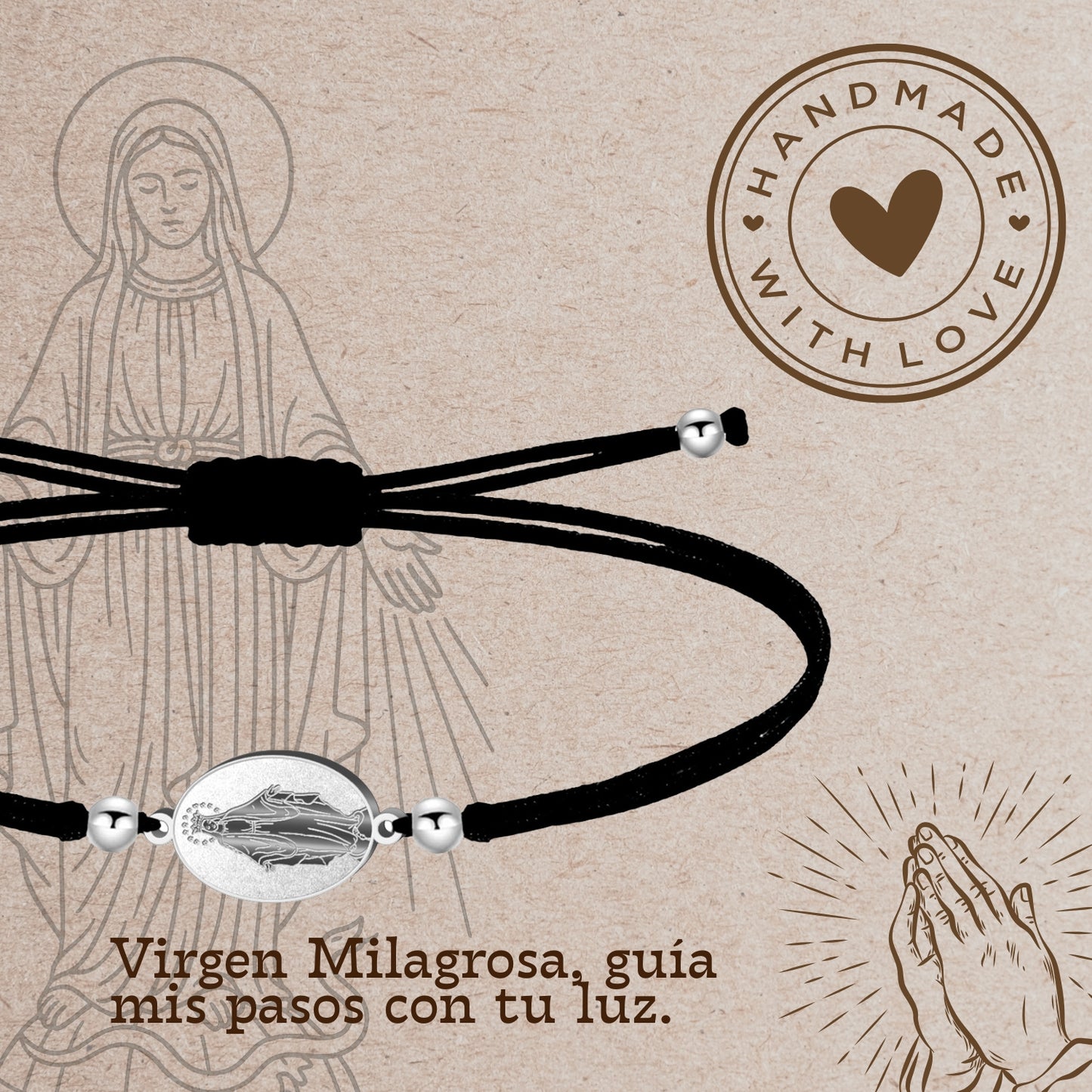 Pulsera Hilo Encerado con Virgen de la Milagrosa color plateado Acero