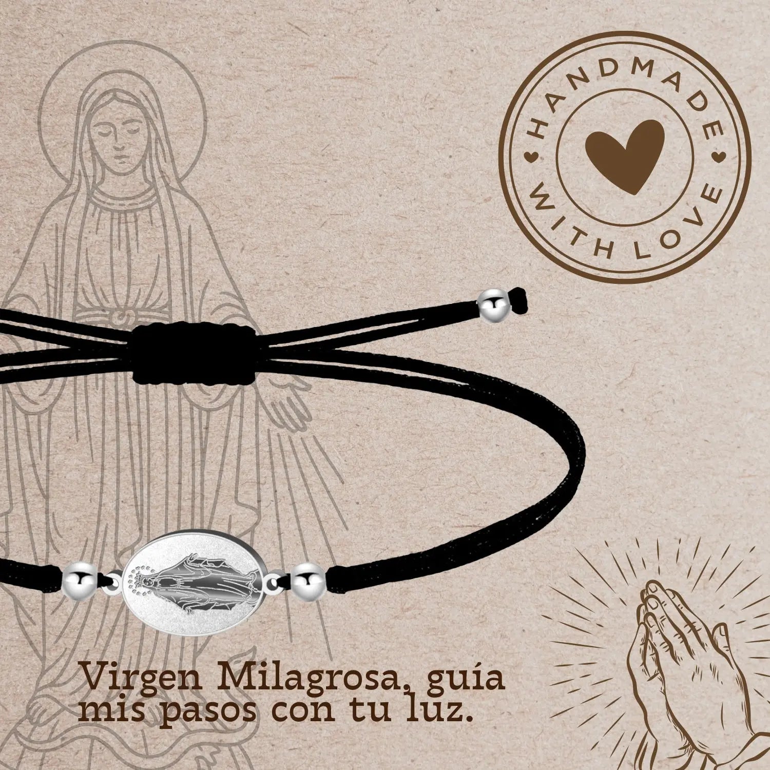 Pulsera Hilo Negro con Medalla Milagrosa en Acero Plateado - cotigo