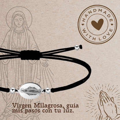 Pulsera Hilo Encerado con Virgen de la Milagrosa color plateado Acero