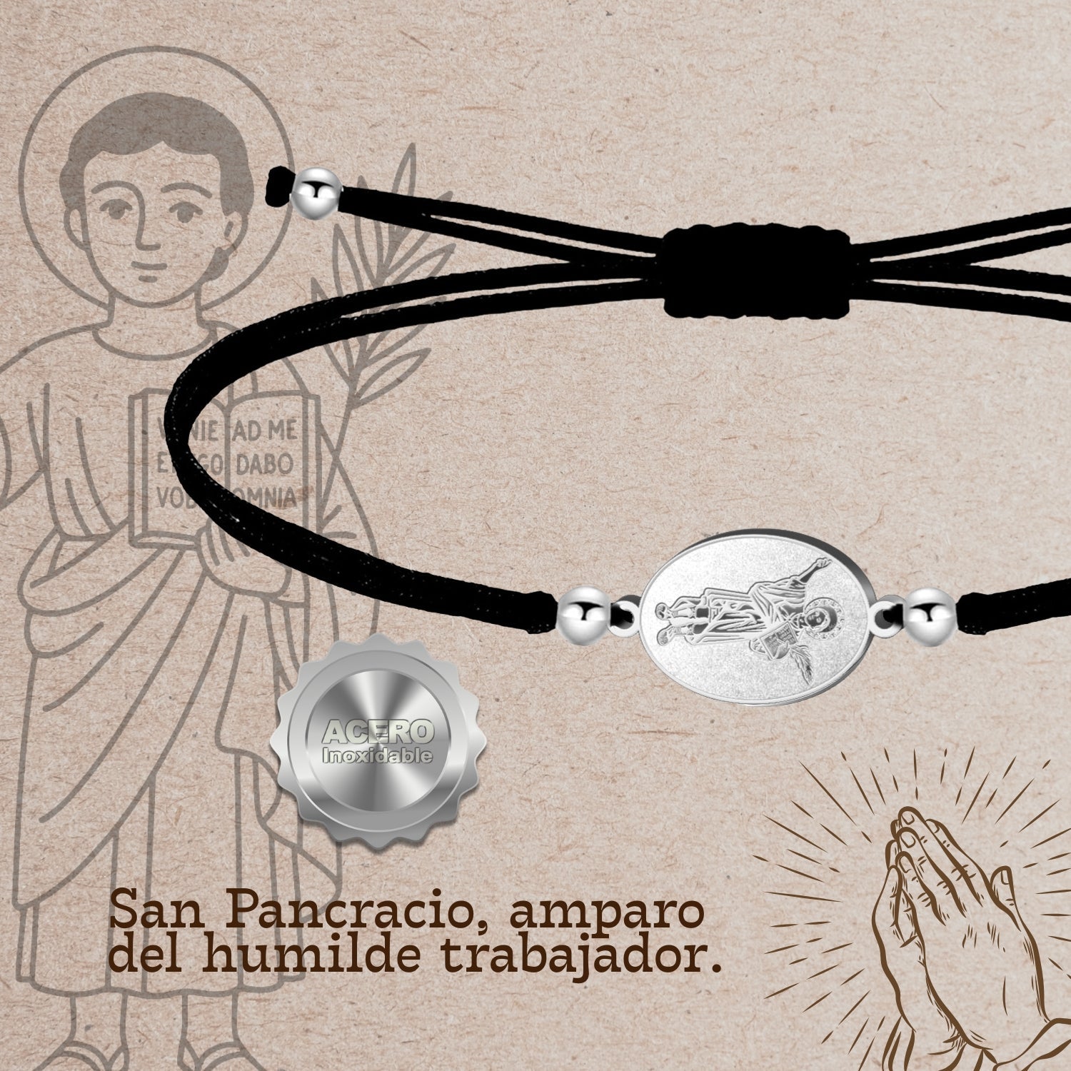 Pulsera Hilo Encerado con San Pancracio en Acero Inoxidable cotigo