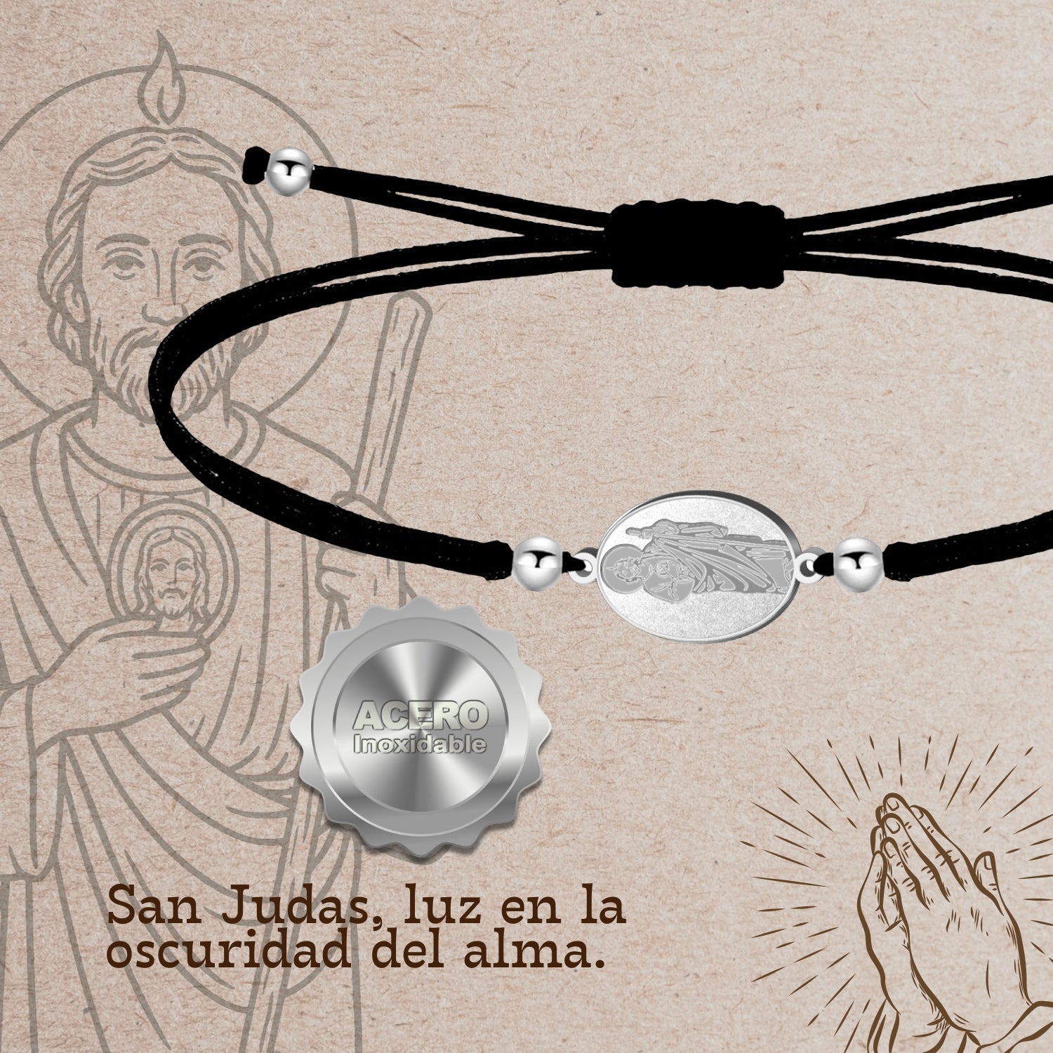 Pulsera Hilo Encerado con San Judas Tadeo Acero Inoxidable cotigo