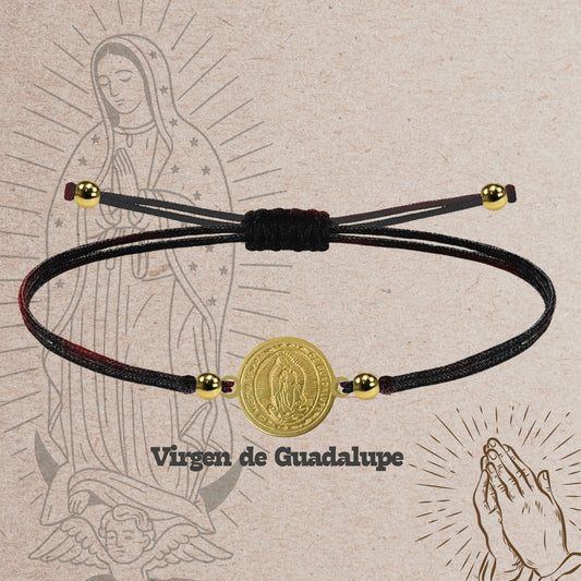 Pulsera Hilo encerado Negro-Virgen Guadalupe Dorado