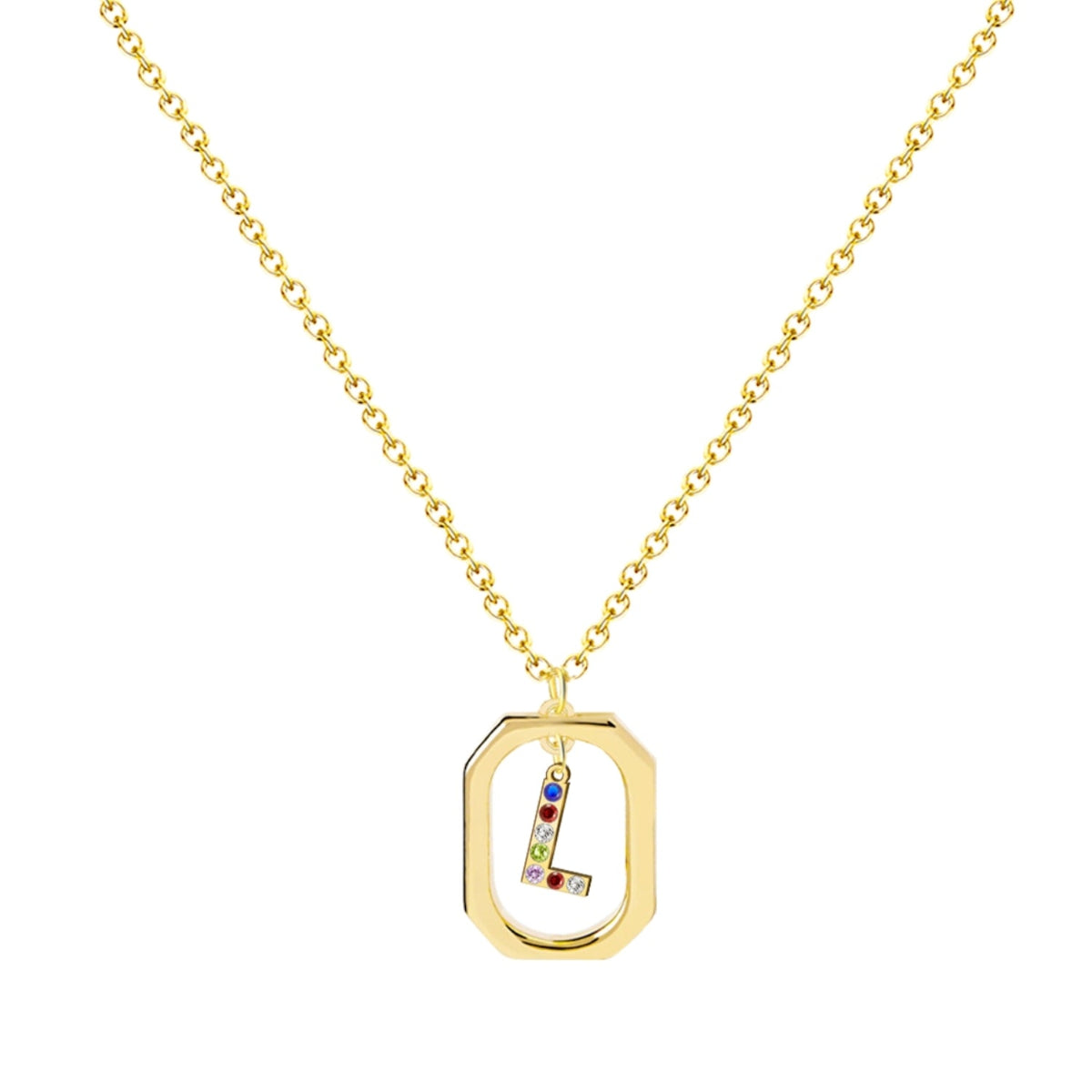 Collar con inicial L y marco geométrico, cristales multicolor y baño de oro 14K. Tarjeta con mensaje "Con L comienza la Luz". Stainless Steel.