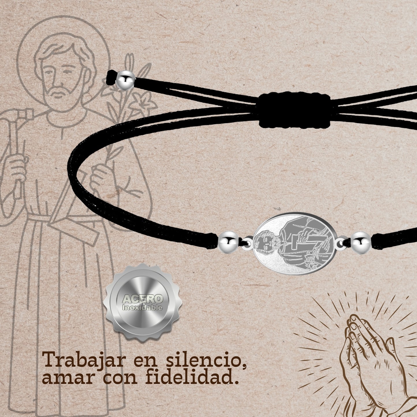 Pulsera Hilo Encerado con SAN JOSE OBRERO color Plateado