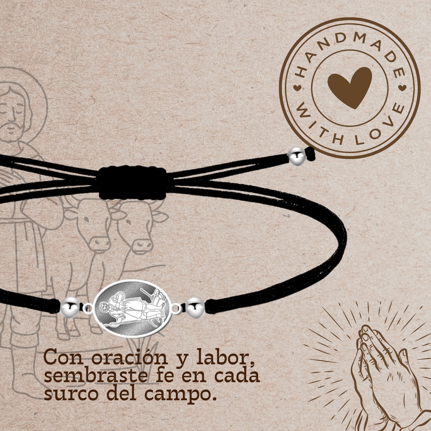 Pulsera Hilo Encerado con SAN ISIDRO LABRADOR color Plateado