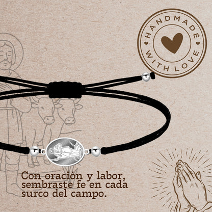 Pulsera Hilo Encerado con SAN ISIDRO LABRADOR color Plateado
