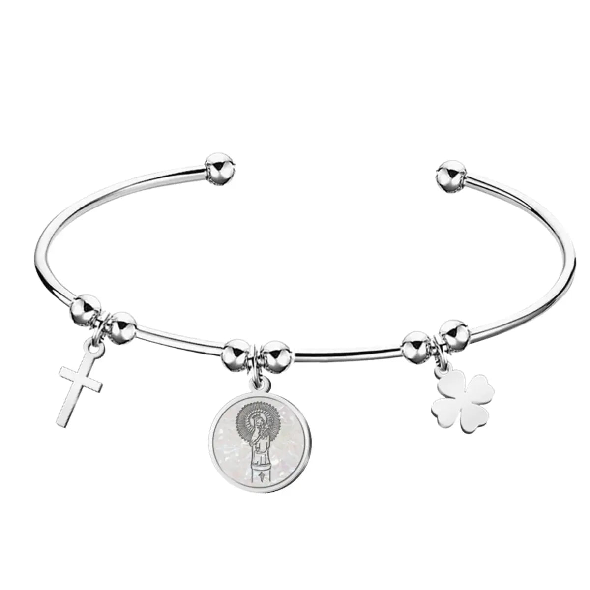 Pulsera brazalete rígido de acero acabado plateado con medalla de la Virgen del Pilar, cruz y trébol de la suerte.