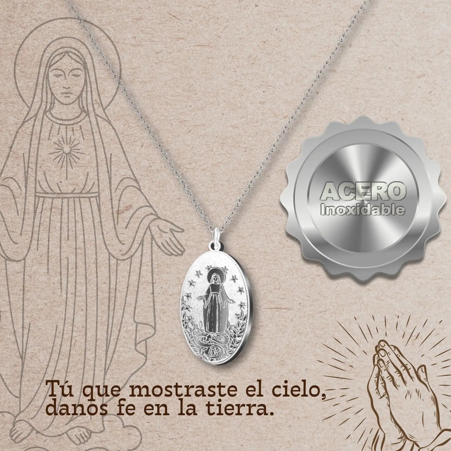 Collar Virgen de Fátima con Medalla en Acero Inoxidable Plateado - cotigo
