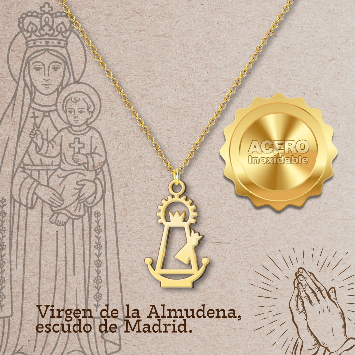 Colgante Virgen de la Almudena Acero Dorado