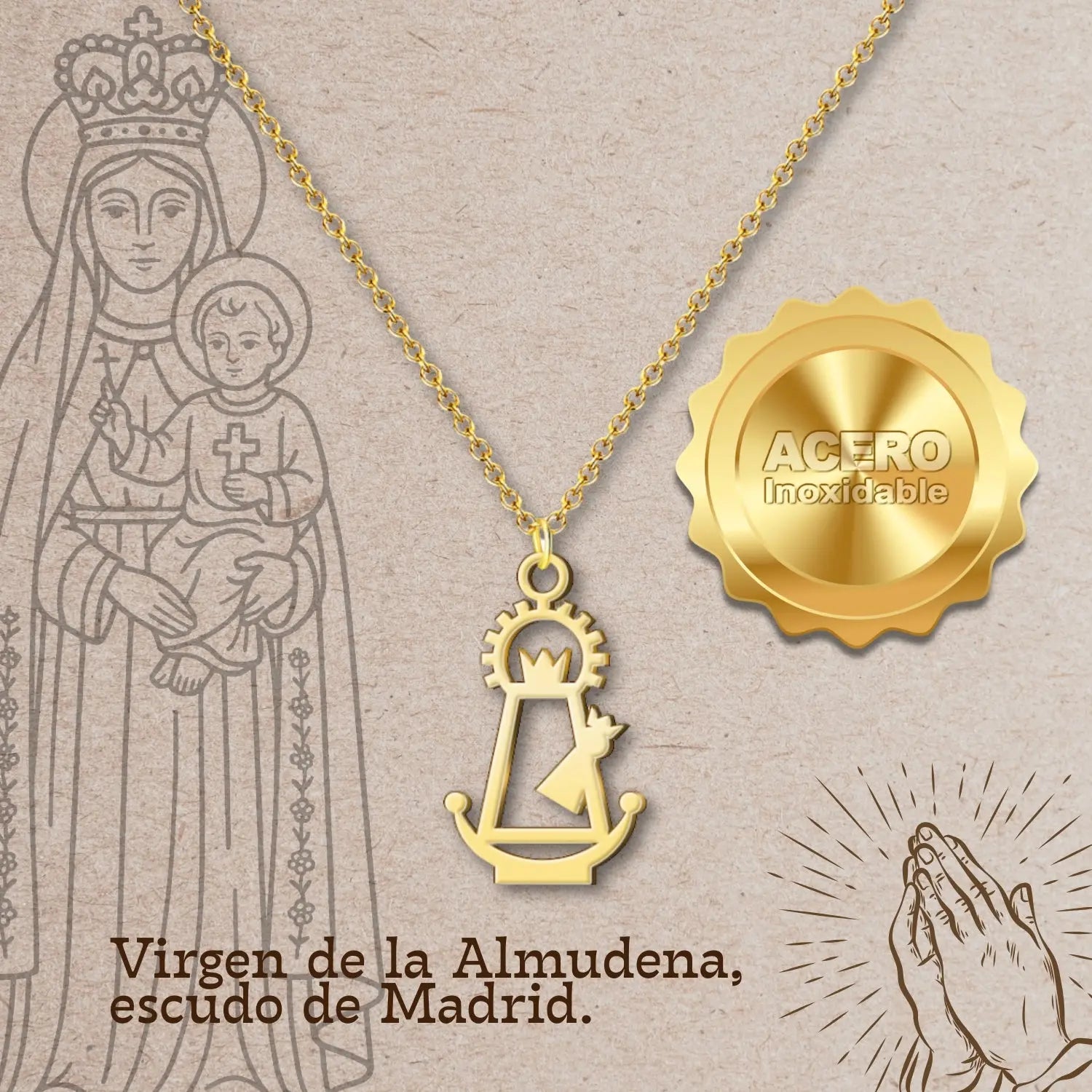 Colgante Virgen de la Almudena Acero Dorado detalle