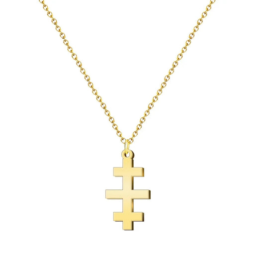 Collar de cadena fina con colgante de la Cruz de las Catacumbas con múltiples travesaños en acero inoxidable dorado.