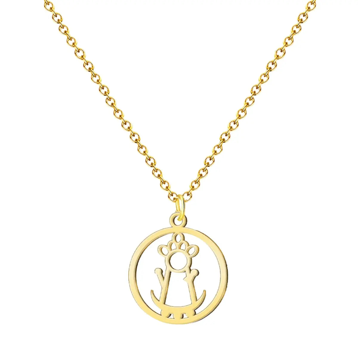 Colgante con silueta calada minimalista de la Virgen de la Fuensanta en acero inoxidable dorado