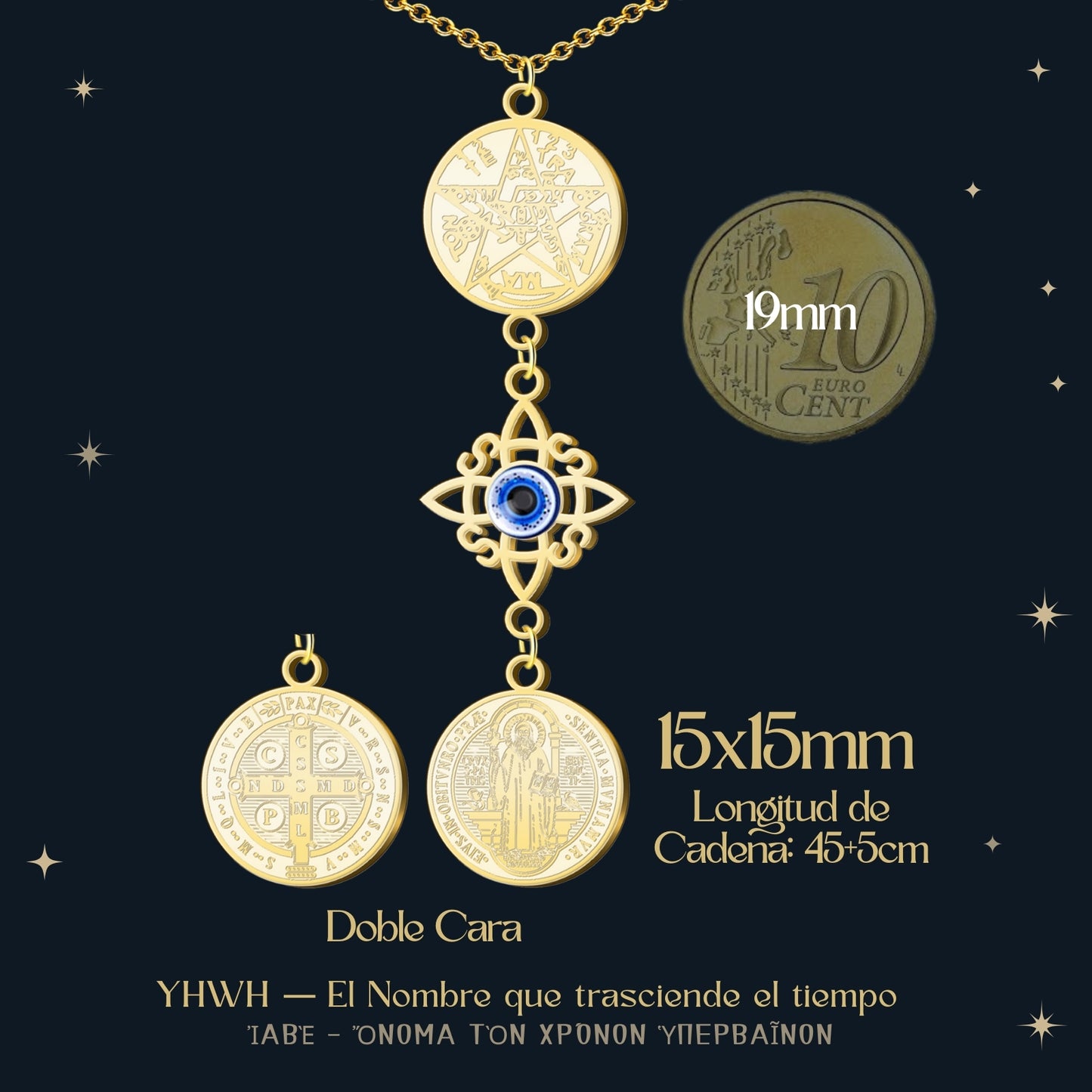 Collar Tetragramatón con Nudo de Bruja y Medalla de San Benito, Acero Inoxidable✨ Amuleto de Protección y Energía Positiva en Acero Inoxidable