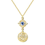 Colgante de acero dorado con doble amuleto: Nudo de Bruja superior con Ojo Turco azul en el centro y medalla del Tetragramatón calada en la parte inferior.