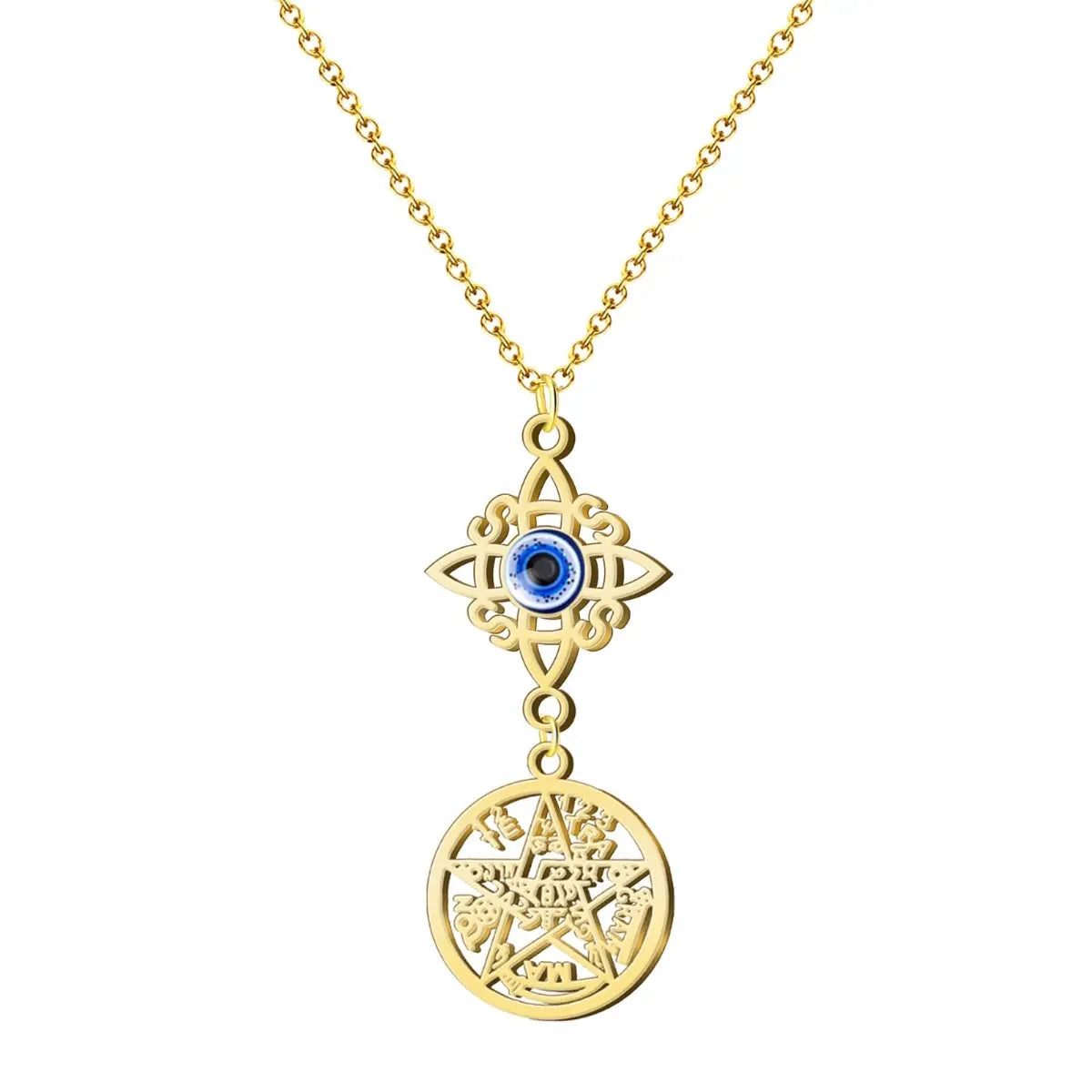 Colgante de acero dorado con doble amuleto: Nudo de Bruja superior con Ojo Turco azul en el centro y medalla del Tetragramatón calada en la parte inferior.