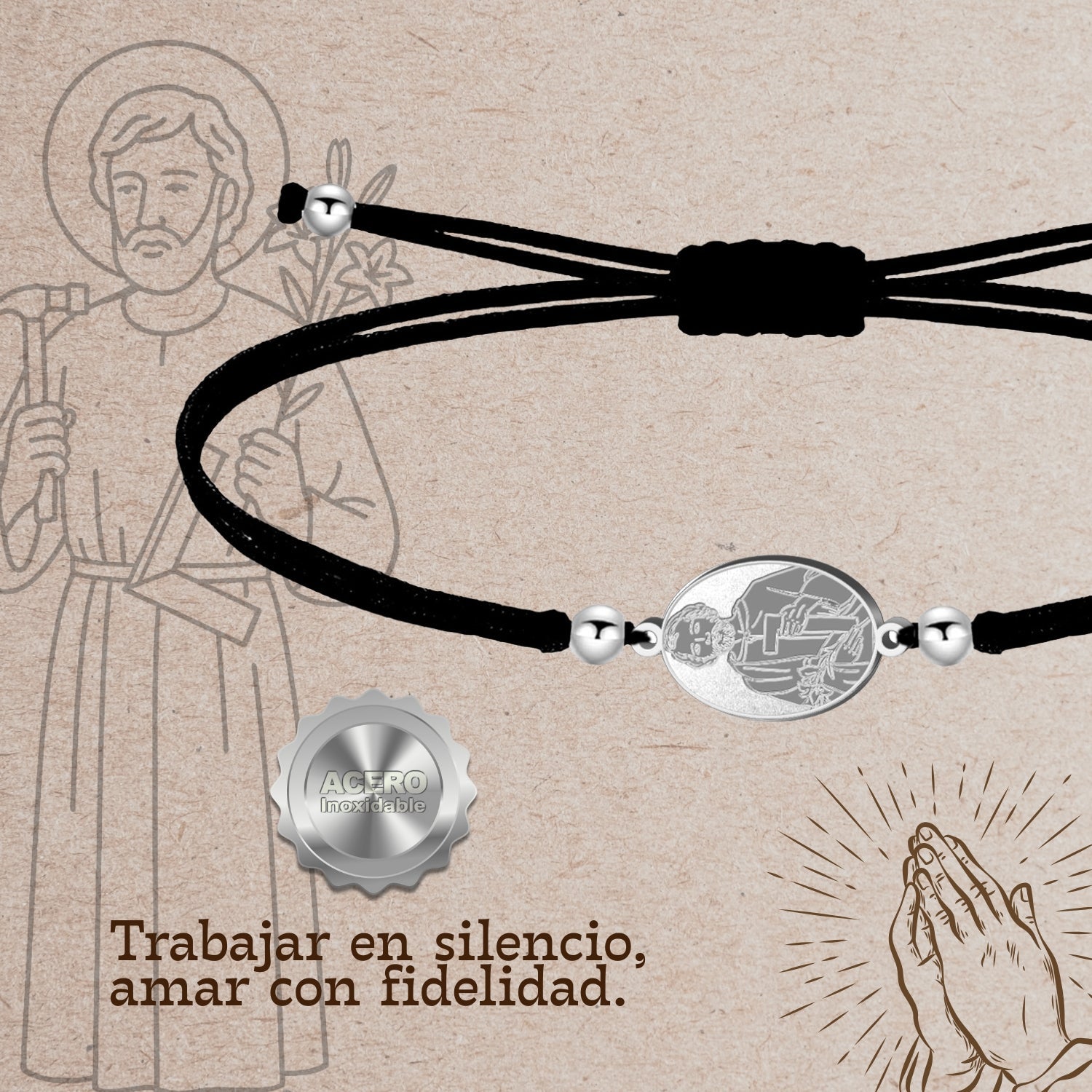 Pulsera Hilo Encerado con San José Obrero Acero Inoxidable cotigo
