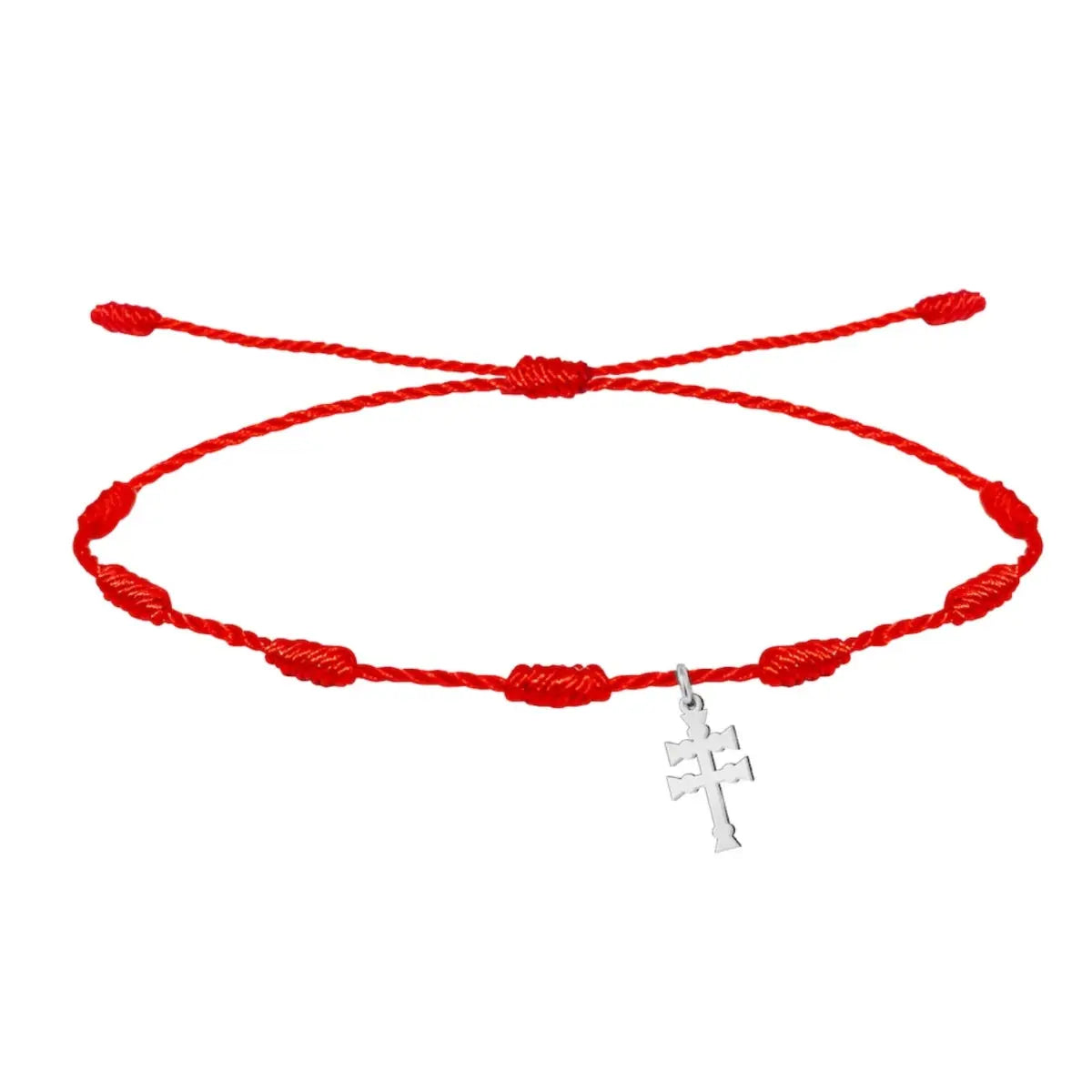 Pulsera de hilo rojo 7 nudos con colgante Cruz de Caravaca en acero plateado amuleto contra mal de ojo