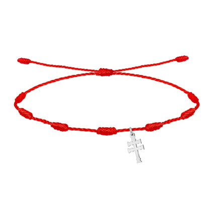 Pulsera de hilo rojo 7 nudos con colgante Cruz de Caravaca en acero plateado amuleto contra mal de ojo