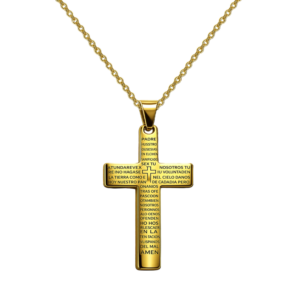 Cruz religiosa con oración del Padre Nuestro grabada en acero dorado