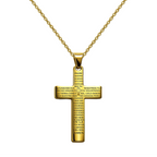 Cruz religiosa con oración del Padre Nuestro grabada en acero dorado