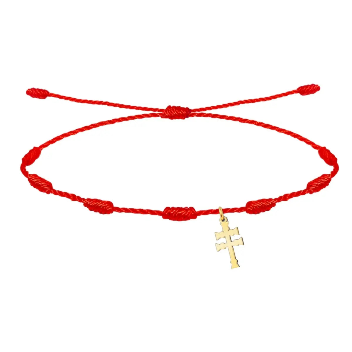 Pulsera de hilo rojo 7 nudos con Cruz de Caravaca acero dorado amuleto de protección y suerte