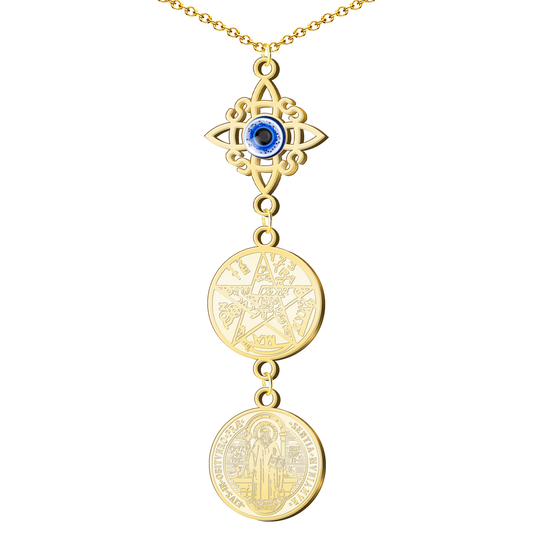 Collar Cuatro Protección: Nudo de Bruja, San Benito, Tetragrámaton y Ojo Turco en Acero Dorado
